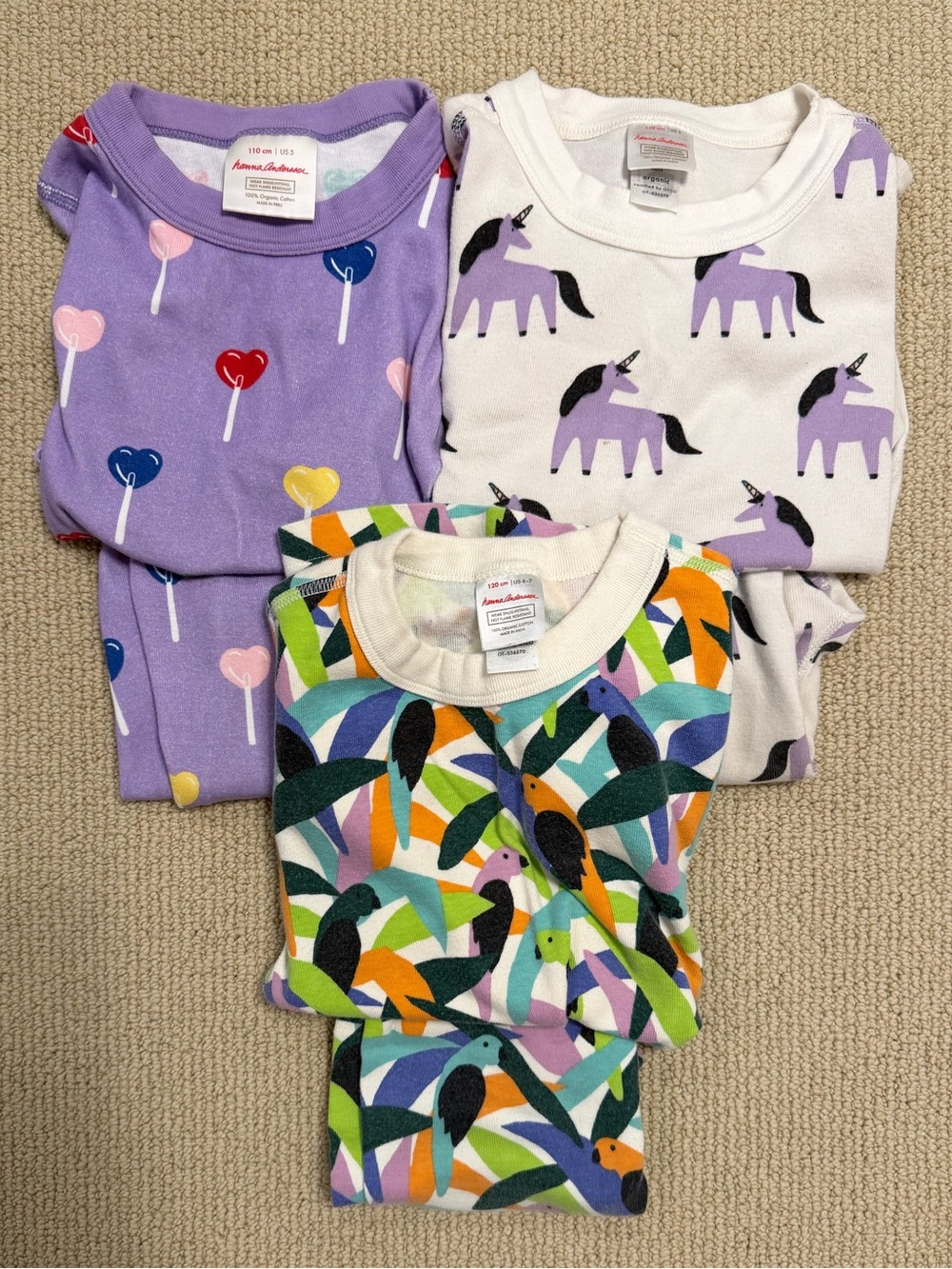 Hanna Andersson Short PJ set bundle x3: Purple Lollipop, Unicorn & Bird Pajama
